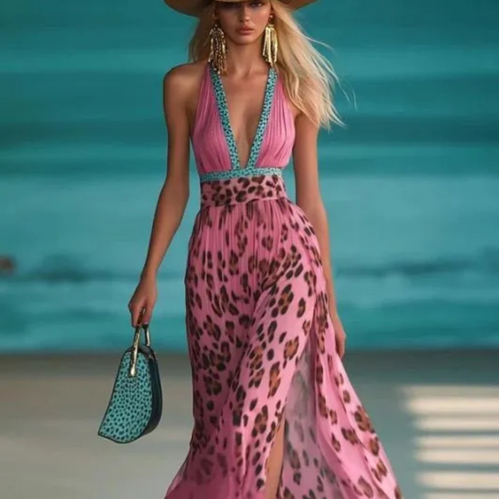 Pink Leopard-Print Halter Maxi Dress With Turquoise Trim